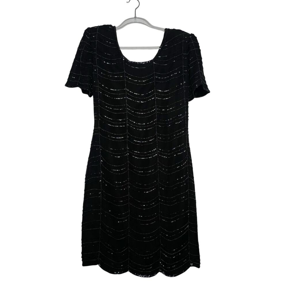 SCALA Beaded Mini Sheath Dress Scoop Neck Embellished 100% Silk Black Size Large